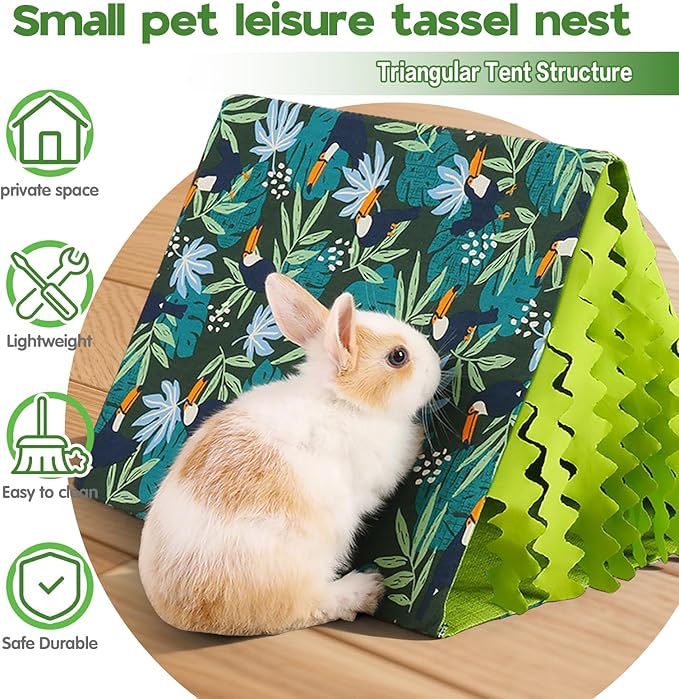 Hamster Hideout Tent with Curtain,Bunny Hideout, Machine Washable Guinea Pig Hide Tent Houses & Habitats, Triangular Hideout Shelter Small Animal Bed,Ferret, Rat, Chinchilla, Squirrel（tassel）