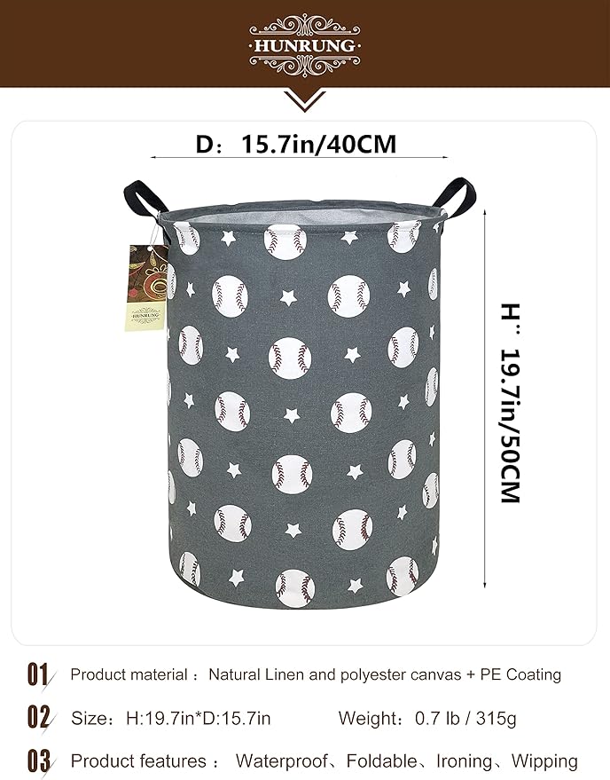Collapsible Fabric Storage Basket, Waterproof Laundry Hamper with Handles, Round Storage Bin for Clothes Toys, Foldable Organizer for Bedroom Nursery Bathroom(Round-Grey Baseball)