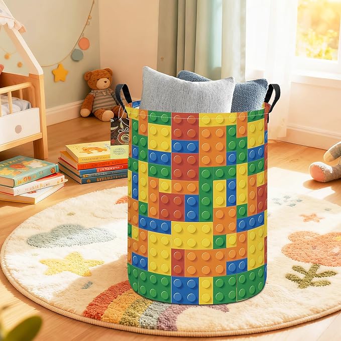 Collapsible Fabric Storage Basket, Waterproof Laundry Hamper with Handles, Round Storage Bin for Clothes Toys, Foldable Organizer for Bedroom Nursery Bathroom(Round-Colorful Blocks)