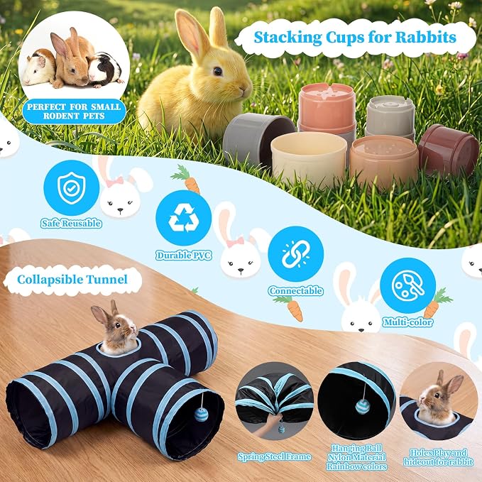 34 Pcs Rabbit Starter Kit Rabbit Litter Box Small Animal Water Bottle Cups Bunny Tunnels Animal Grooming Kit Bowl Blanket with Cleaning Set for Guinea Pig Bunny(Style 2,Dark Blue)