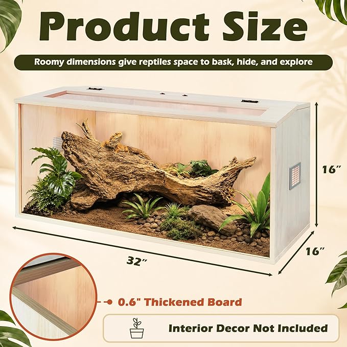 PROLEE Bearded Dragon Tank,Wooden Reptile Tank and Lizard Tank,Tempered Glass Large Bearded Dragon Enclosure with Built-in Lamp Fixture (32X16X16inch,34 Gallons)