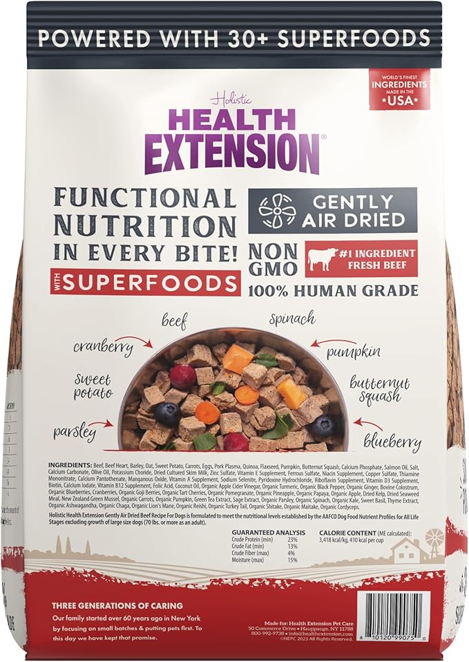 Health Extension Gently Air Dried Beef Dog Food, (2lb, 907 g) – Complete & Balanced with 85% Animal Protein and 30+ Superfoods for All Life Stages