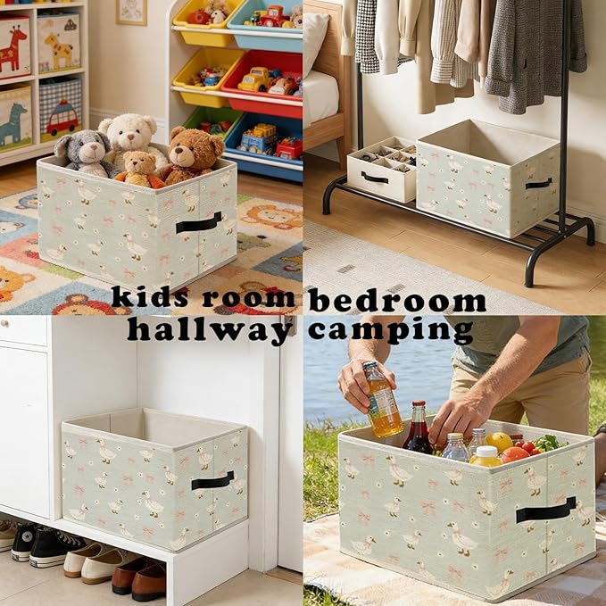 Pink Bow Floral Goose Storage Bins, Goose Nursery Decor, Cute Geese Foldable Closet Organizers Storage Basket Toybox for Kids Toddler Teens Playroom Bedroom Clothes Bed Sheets Blankets Toys