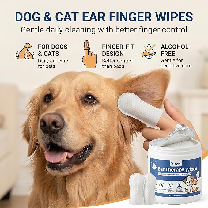 Dog Ear Wipes - 150 Count Finger Ear Cleaner for Cats, Alcohol Free Plant Based Ear Cleaning, Remove Wax Dirt Odor