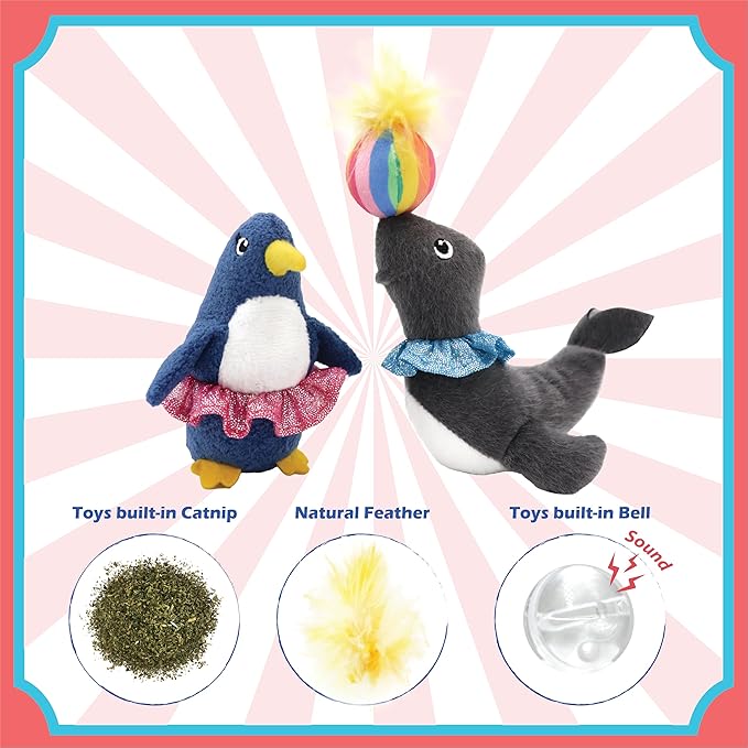 Jumpaws 2 Pack Interactive Catnip and Feather Cat Toys, Circus Penguin and Seal Catnip Toys, Accessories for Indoor Cat, Catnip Plush Toys with Natural Feathers and Rattles