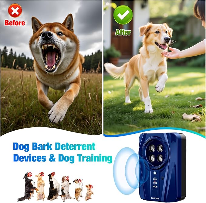 Dog Bark Deterrent Devices, Automatic Anti Barking Device with 4 Ultrasonic Transmitters Long Range 50FT, 3 Mode Rechargble Barking Control Devices, Effective Stop Bark Box Outdoor & Indoor