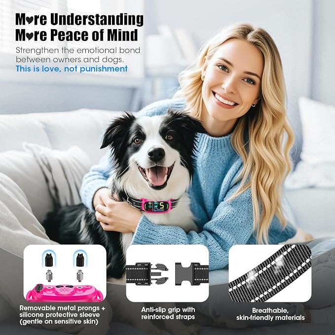 Smart AI Bark Collar for Large Medium Small Dogs, Anti Barking Device with 5 Work Modes, Exclusive Forced Bark-Stopping, Rechargeable IP67 Waterproof Bark Collar with 5 Sensitivity (Hot Pink)