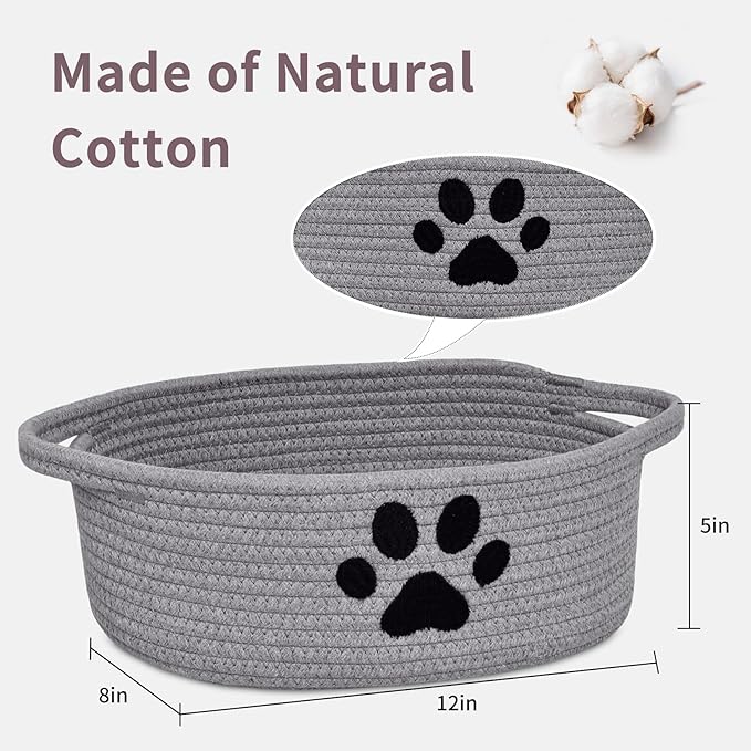ABenkle Small Woven Basket with Handle, Cute Dog Paw Baskets for Gifts Empty, Decorative Rope Woven Storage Dog Toy Basket, Nursery Baskets for Baby Shower, 12" x 8" x 5"