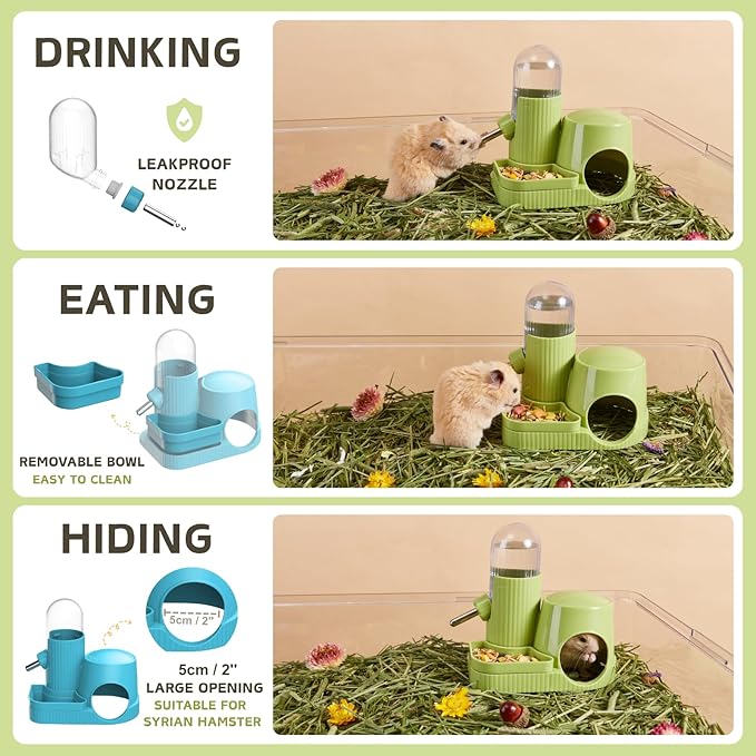 3 in 1 Hamster Water Bottle No Drip Automatic Leakproof Dispenser with Food Container and Hideout Base for Gerbil Rat Dwarf Hamster Mouse (Blue, 3.4oz)