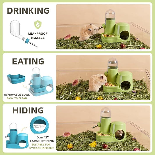 3 in 1 Hamster Water Bottle No Drip Automatic Leakproof Dispenser with Food Container and Hideout Base for Gerbil Rat Dwarf Hamster Mouse (Blue, 3.4oz)