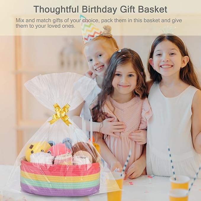 Small Woven Basket with Gift Bags and Ribbons, Empty Baby Gift Baskets for Kids Women Men, Shelf Storage, Small Cat Dog Pet Toy Boxes, 13”x 9”x 5.5”, Rainbow