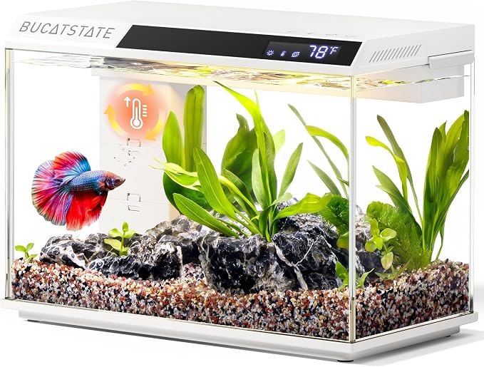 BUCATSTATE 2.6 Gallon Fish Tank, 3 Stage Filtration with Independent Waste Compartment Aquarium, Quiet 3 in 1 Pump, Real-Time Temp Display, 8-Mode LED Light Fish Tank (White)
