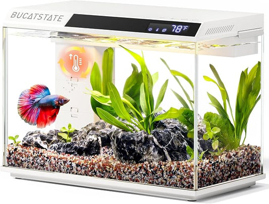 BUCATSTATE 2.6 Gallon Fish Tank, 3 Stage Filtration with Independent Waste Compartment Aquarium, Quiet 3 in 1 Pump, Real-Time Temp Display, 8-Mode LED Light Fish Tank (White)