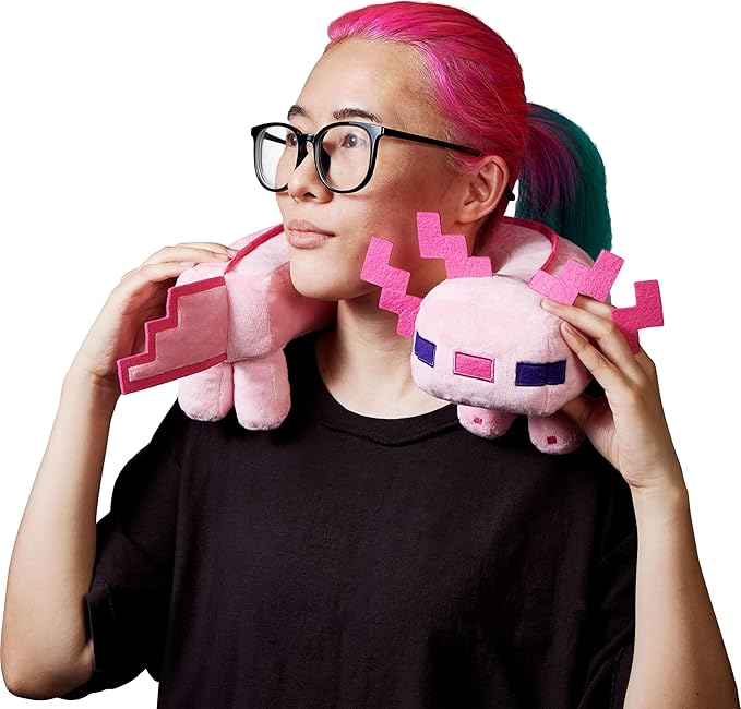 Mattel Minecraft Axolotl Neck Pillow, Plush Toy with Sound Feature, Curved to Stay in Place