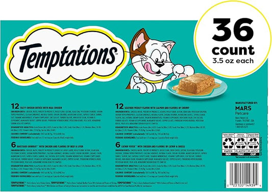 Temptations Pate in Gravy Adult Wet Cat Food Tasty Chicken Entree, Seafood Medley, Backyard Cookout, and Catnip Fever, 3.5 oz. Trays (36 Count, Pack of 1)