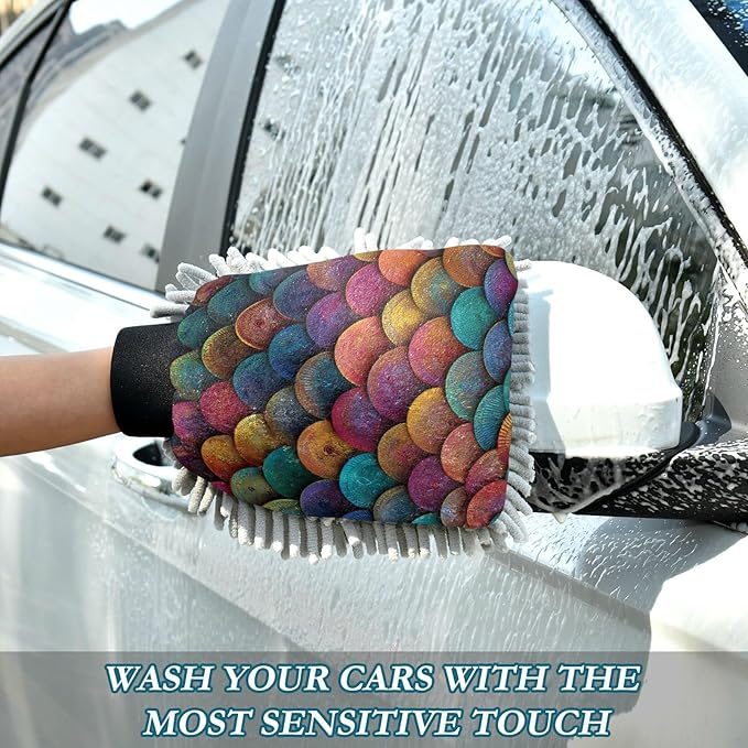 Car Wash Mitt Microfiber Wash Mitts for Car Washing Scratch-Free Cleaning Gloves Soft Non Absorbent Chenille Auto Hand Mitt Large 2Pack Vintage Rainbow-Colored Fish Scales