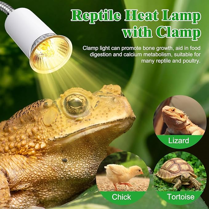 Reptile Heat Lamp,Tortoise Heat Lamp with 40CM Lengthened Gooseneck,Grow Light for Plant,Chick Basking Lighting,E27 Ceramic Lamp Holder,Clamp Light with Dimmable Switch,Metal Clip,for Lizards,No Bulb