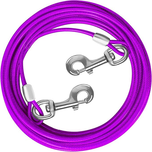 Dog Tie Out Cable - Durable Steel Wire Chains for Outside Use with Superidual Clips - Purple - Sizes: 10/15/20/25/30 FT - For Large Dogs Up to 165 lbs