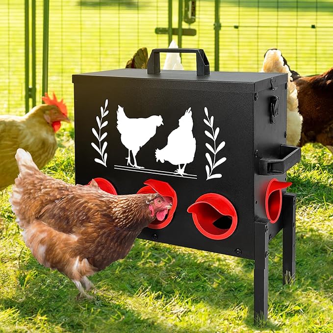 No Waste Automatic Chicken Feeder (50 LB), Rodent Resistant Metal Poultry Feeder with Locking Lid, Adjustable Stand & 8 Ports, Heavy Duty Weatherproof Feed Box for Hens, Ducks