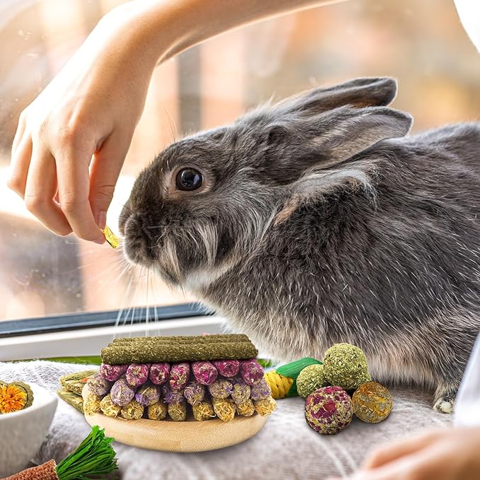 Bunny Chew Toys for Rabbits Teeth, Natural Rabbit Toys Apple Wood Sticks, Carrot, Timothy Grass Treats for Small Pets, Hamster, Chinchilla, Guinea Pig (51, Medium)