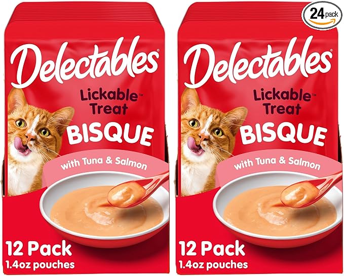 Delectables Lickable Treat Bisque Wet Cat Treat with Real Tuna & Salmon,Food Topper,Hydrating,Grain-Free,No Fillers,No by-Products,No-Added Preservatives,1.4oz Pouch,(Pack of 24)