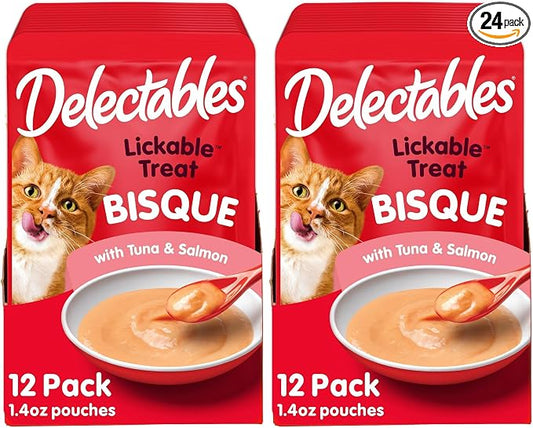 Delectables Lickable Treat Bisque Wet Cat Treat with Real Tuna & Salmon,Food Topper,Hydrating,Grain-Free,No Fillers,No by-Products,No-Added Preservatives,1.4oz Pouch,(Pack of 24)