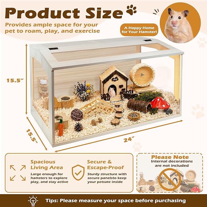 PROLEE Hamster Cage with Chewproof Wood Top, Guinea Pig Cages, Hamster Habitat with Clear Acrylic Sheets Solid Built, Small Animal Cage (Oak, 24X15.5X15.5 inch)