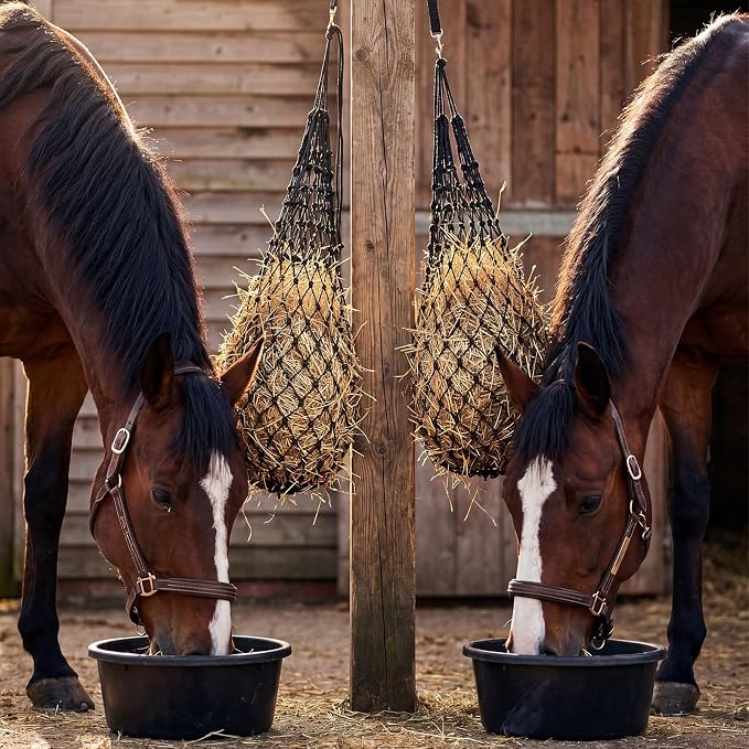 6 Pcs Horse Supplies Set 2 Hay Bags 2 Heavy Duty Rubber Feed Pans 2 Horse Bucket Strap Hangers for Slower Feeding Hay Bag Hanging Stable Trailer
