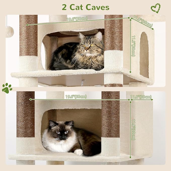 Globlazer XXL Giant Cat Tree, 83 Inch Heavy Duty Tall Cat Tower for Indoor Cats Large Adult, Multi-Level Large Cat Condo with 8 Scratching Posts, Hammock, 2 Cat Caves, 2 Platform, F83B, Beige