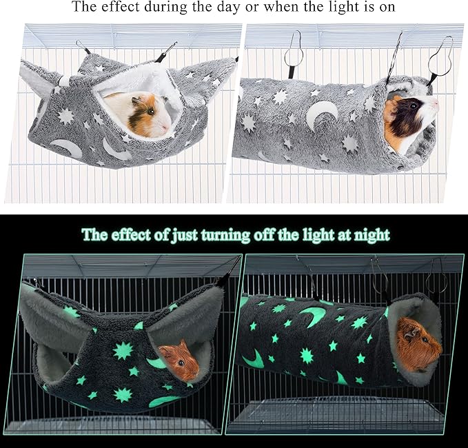 Mogoko Noctilucent Luminous Grey Guinea Pig Rat Hammock Bunkbed Hanging Tunnel and Soft Bed Mat for Ferret Hedgehog Squirrel Hideout Cage Accessories (Tunnel and Bunkbed Hammock)