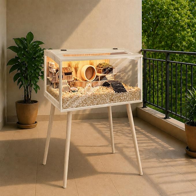 PROLEE Hamster Cage Wooden Chew Proof, Extra Large Mice and Rat Habitat Openable Top with Acrylic Sheets Solid Built Small Animal Cage with Leg Stands, 24 Inch Long