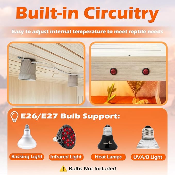 ROYXEN Reptile Tank, 34 Gallons Reptile Enclosure with Lockable Design, Tempered Glass Bearded Dragon Tank for Lizard Habitat, Soild Wood Built-in Sockets (Oak, 31.5"x15.5"x15.5")