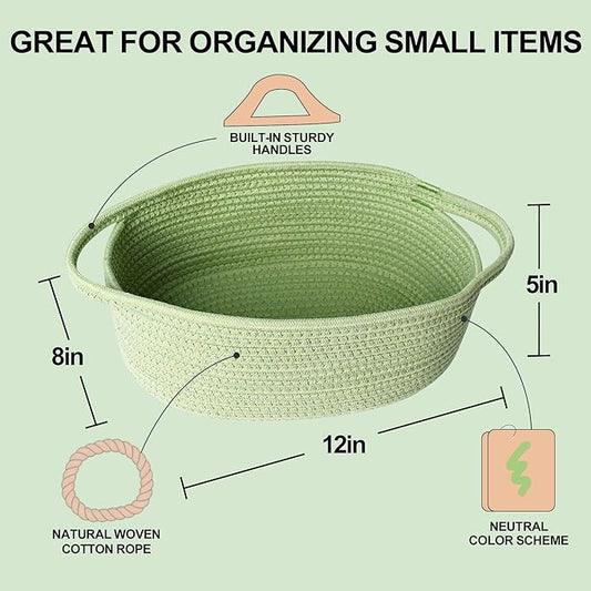 Small Woven Gift Basket, Baskets for Gifts Empty, Cotton Rope Cat Dog Toy Bin Box, Nursery Baby Basket, Wicker Basket with Handles, Shelf Storage Basket for Home Decor, Green, 12"x 8"x 5"