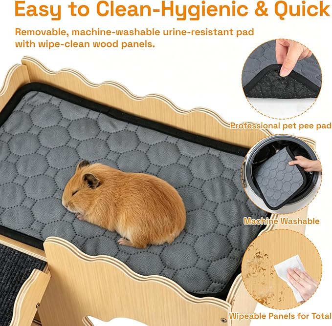 Wooden Guinea Pig Hideout Cave House, Guinea Pig Castle with Natural Cave-Style Entrance, Large Small Animal Habitat with Stairs, Waterproof Liner, Easy Assembly for Guinea Pigs, Rabbits & Hamsters
