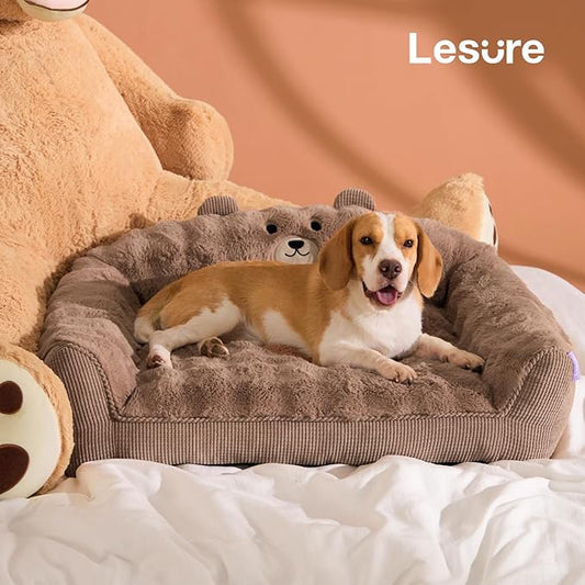 LE SURE Cute Dog Couch Bed, Small Dog Couch with Fluffy Original Bear Design, Cat Couch Bed with Removable Washable Cover, Puppy Bed for Small Pets, 28 inch, Brown