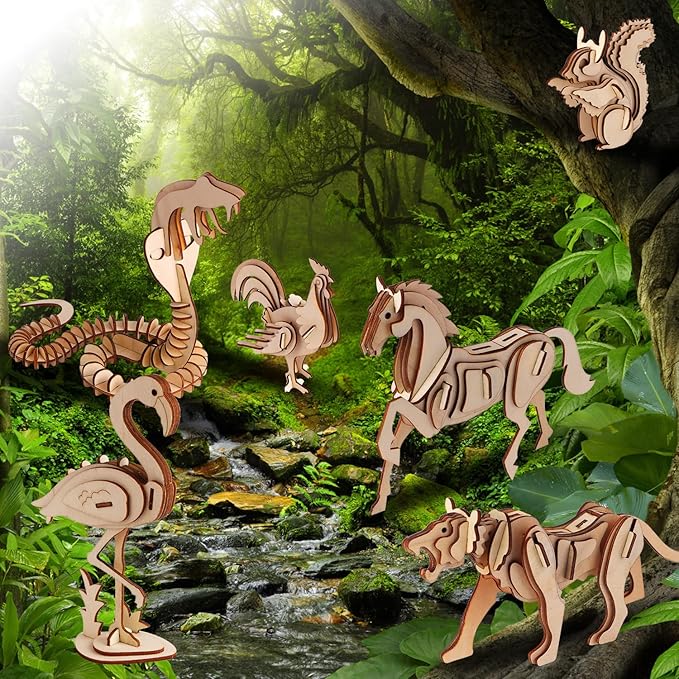 calary 3D Wooden Puzzle Simulation Animal Dinosaur Assembly DIY Model Toy for Kids and Adults,Set of 6
