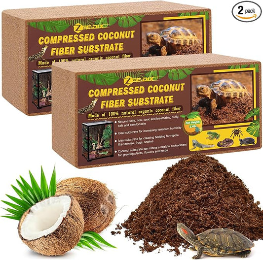 ZeeDix 2 Pack Coconut Fiber Substrate, 100% Organic Coconut Husk Coco Coir Brick Terrarium Bedding for Reptiles, Tortoise, Bearded Dragon, Leopard Gecko, Snake, Hermit Crabs, Frogs, Tarantula