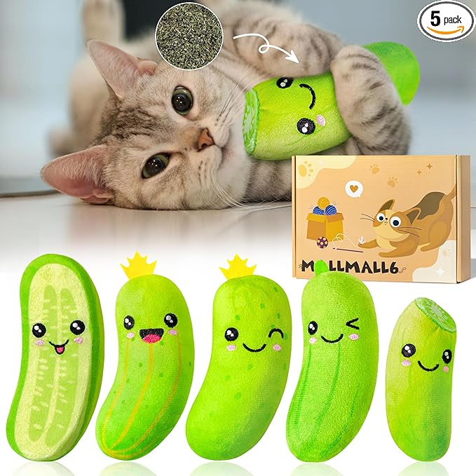 MALLMALL6 Pickle Catnip Cat Toys - 5Pcs Indoor Kitten Chew Bite Kick Cucumber Catmint Interactive Toys for Cat Lover Gifts, Kitty Boredom Relief Supplies with Cute Expression for Pet Birthday Presents