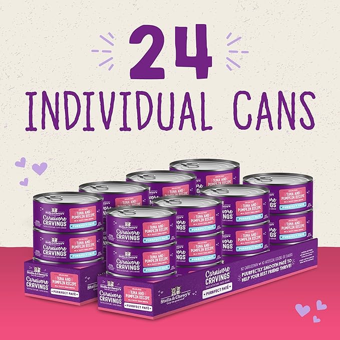 Stella & Chewy's Carnivore Cravings Purrfect Paté - Premium Grain-Free Wet Cat Food - Tuna & Pumpkin Recipe - High Protein with Bone Broth - Perfect for Picky Eaters - 2.8oz Cans (24 Pack)