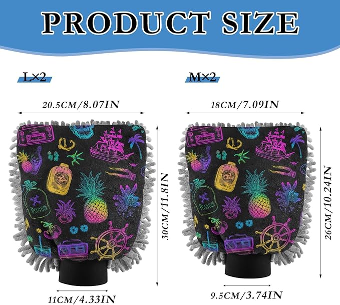 Car Wash Mitt Microfiber Wash Mitts for Car Washing Scratch-Free Cleaning Gloves Soft Non Absorbent Chenille Auto Hand Mitt Large 2Pack Neon Ships Pineapple Skull Black