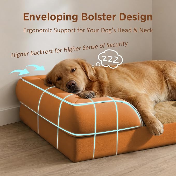 Comfort Expression Orthopedic Dog Beds for Large Sized Dog with Bolster | Waterproof Dog Couch Bed with Washable Cover & Non-Slip Bottom, Supportive Egg Crate Foam Large Pet Bed, 38x25 Inch