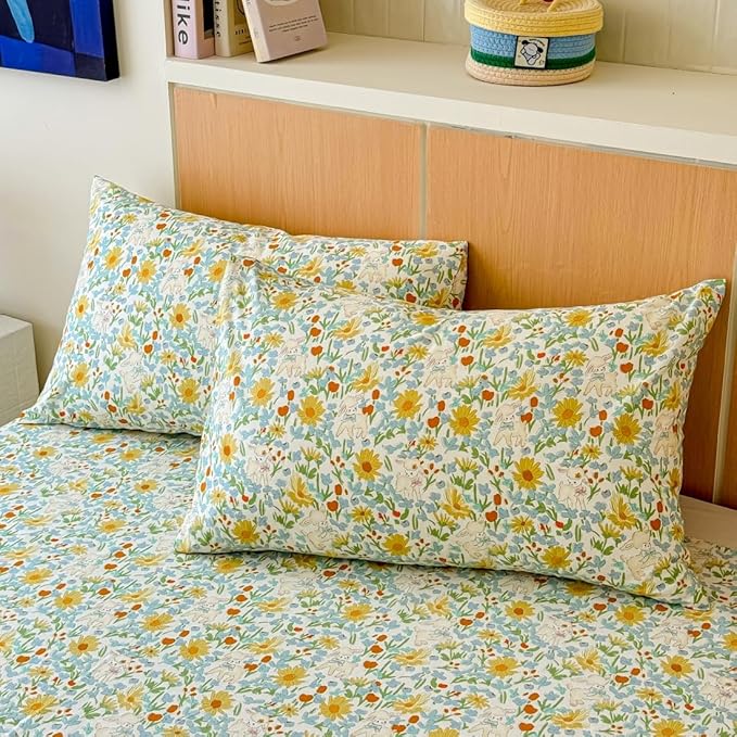 BlueBlue Floral Duvet Cover Set Twin 100% Cotton Bedding for Kids Boys Girls Teens Yellow Daisy Green Leaf White Lamb Sheep Print 1 Garden Comforter Cover 2 Pillowcases (Twin)
