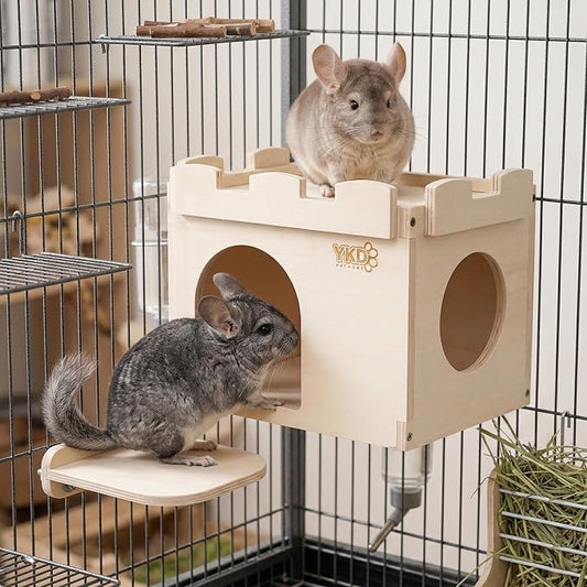 Castle Hanging Chinchilla House, Small Animal Hideout | Chinchilla, Guinea Pig, Hedgehog, or Rat, Ventilated Wooden Hamster Habitat with Multiple Doors, Made from Natural Wood