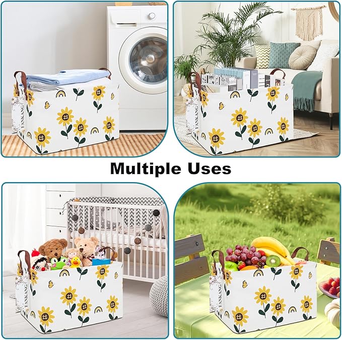 Storage Bins, Nursery Hamper Canvas Laundry Basket Foldable with Waterproof PE Coating Large Storage Baskets for Kids Boys and Girls, Office, Bedroom, Clothes,Toys(Rec-Sunflower）
