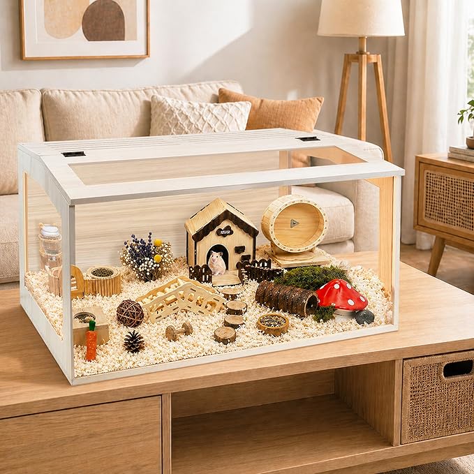 PROLEE Hamster Cage with Chewproof Wood Top, Guinea Pig Cages, Hamster Habitat with Clear Acrylic Sheets Solid Built, Small Animal Cage (Oak, 32X15.5X15.5 inch)