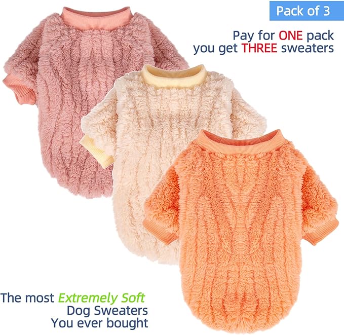 FabriCastle Small Dog Sweaters, 3-Pack Dog Clothes for Small Dogs Girl & Cats, Soft and Warm Pet Coats XXS - XXL, Winter Pet Jackets, Doggy Apparel Costumes, Puppy Outfits (Ivory,Pink,Coral, X-Large)