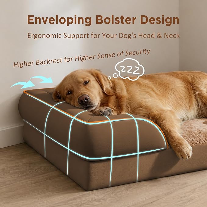 Comfort Expression Orthopedic Dog Bed for Extra Large Dogs with Bolster | Waterproof Dog Couch Bed with Washable Cover & Non-Slip Bottom, Supportive Egg Crate Foam Big Dog Bed, 53x42Inch
