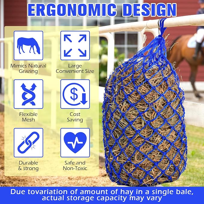 Nuenen 4 Pcs Hay Bags for Horses Goat 40 Inch Oxford Slow Feeder Hay Nets Bag for Horses Sheep Hanging Feeding Supplies Trailer Stable(Blue)