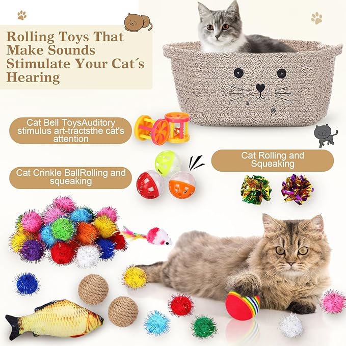 Zopeal 58 Pcs Mother’s Day Cat Storage Basket Gift Toys Set, Colorful Flashing Balls Pet Bell Crinkle Balls Spring Toys Attract Cat to Swat, Hunt, Interactive for Pet(Dark Brown,12 Inch)