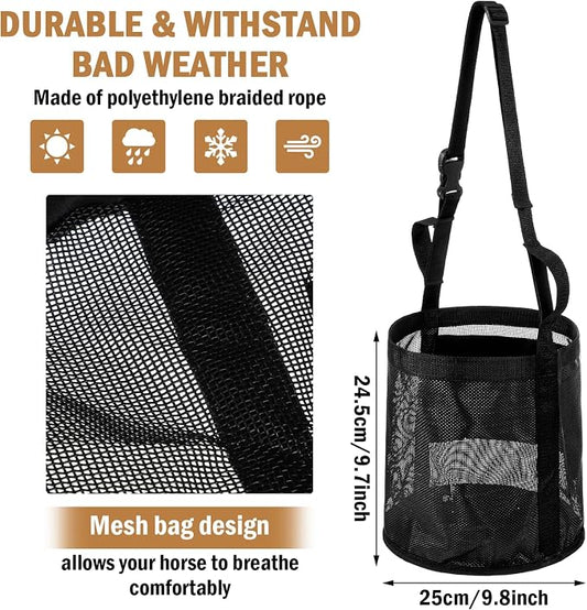 Lemecima 2 Pcs Horse Feed Bag Comfort Breathable Mesh Feed Bucket Heavy Duty Feed Bag with Adjustable Strap and Waterproof Bottom for Horse Feeding Supplies Muzzle Feed Bag, Medium (Black)